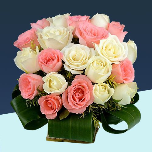 Breathtaking White N Pink Roses with Fillers in Basket	