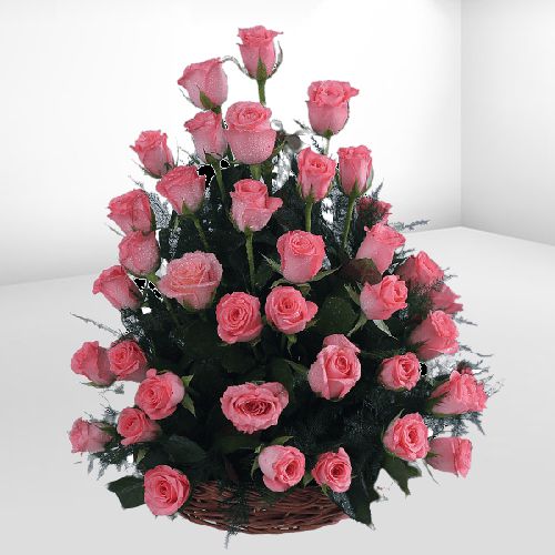 Beautiful Pink Roses with Fillers in One Sided Basket