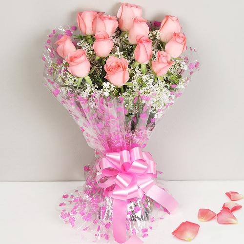 Breathtaking 12 Exclusive Dutch Pink Roses Bunch for Mom
