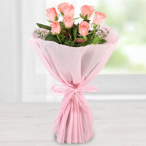 Blossoming Pink Roses Bouquet in Tissue Wrapped