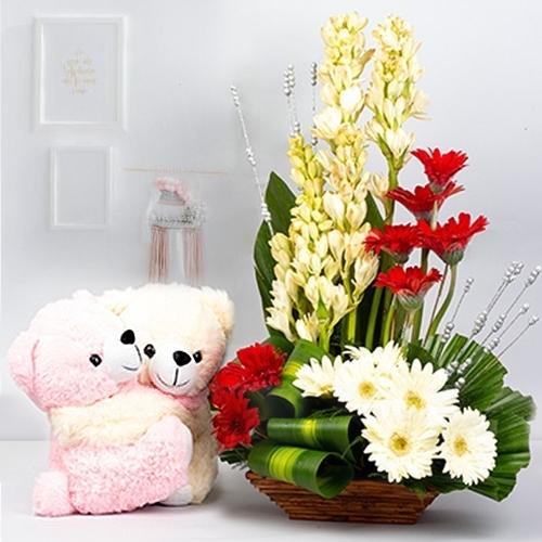 Expressive Mixed Flowers Arrangement with Cute Teddy