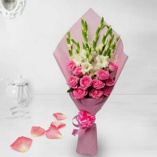 Delicate Pink Roses n White Gladiolus Bouquet