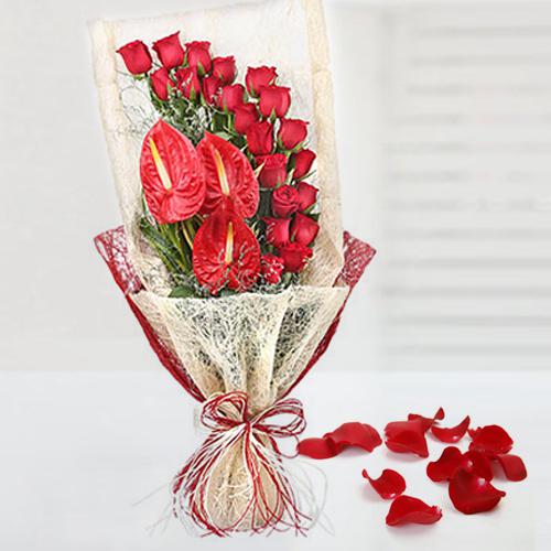 Exotic Bouquet of Red Roses n Anthurium