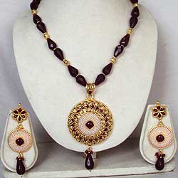 Striking Maroon Stone and Pearl Studded Jewelry Set