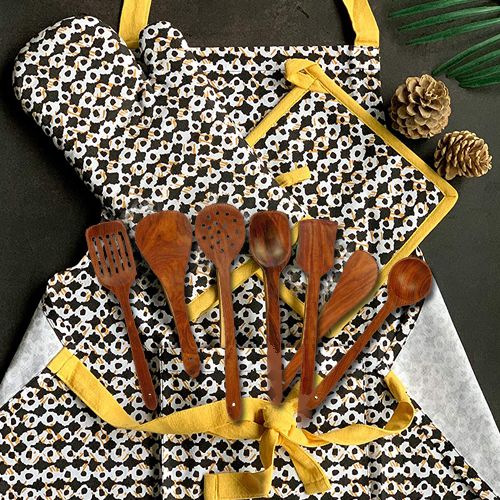 Attractive Printed Apron N Mitten Holder with Wooden Handmade Spatula Set