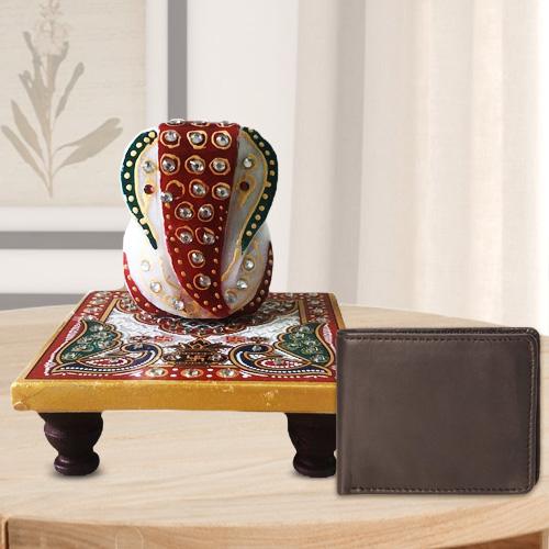Auspicious Ganesh Marble Chowki with a Leather Wallet for Gents