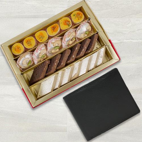 Tasty Bhikarams Assorted Sweets with Gents Leather Wallet from Rich Born