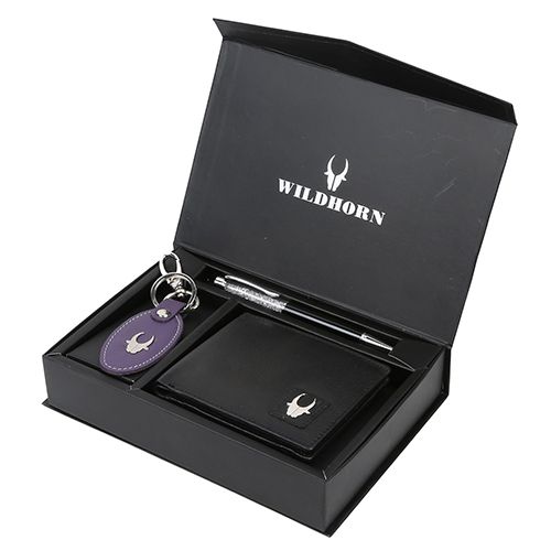 Fabulous WildHorn Leather Mens Wallet with Keychain and Black Diamond Pen