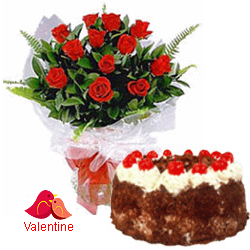 MidNight Delivery ::12 Exclusive  Dutch Red    Roses  with Black Forest cake 1 Kg from 5 star Hotel Bakery <br> (Limited Cities)