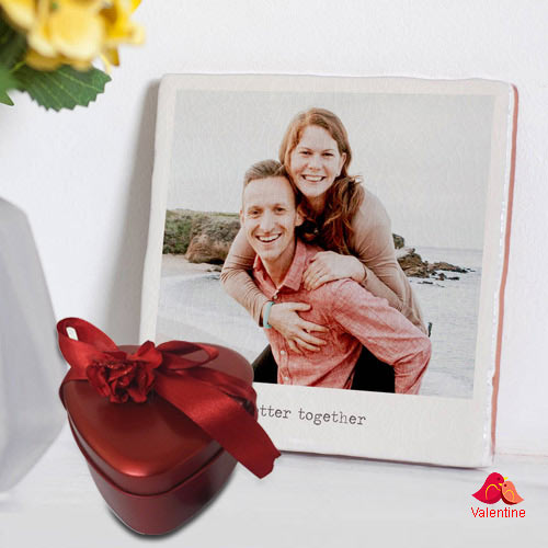 Superb Personalized Photo Tile with Heart Shape Hand Made Chocolates