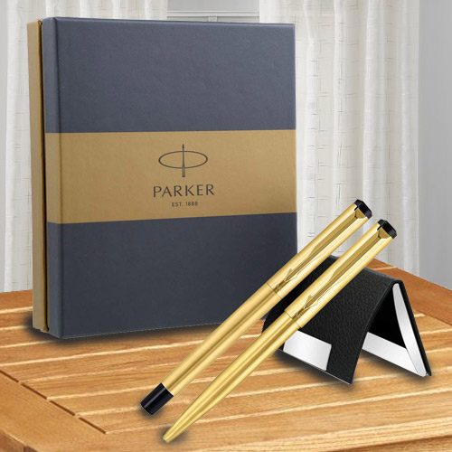 Impressionable Gift Set of Parker Vector Gold Trim Roller n Ball Pen with Visiting Card Holder