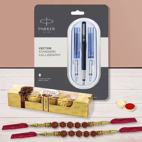 Wonderful Parker Pen with Rudraksha Rakhi N Ferrero Rocher
