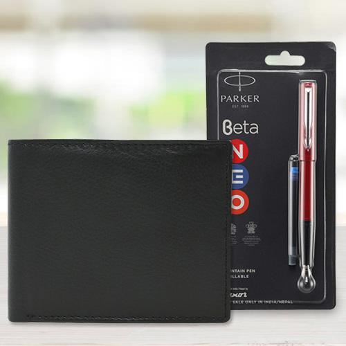 Admirable Parker Beta Ball Pen with a Leather Wallet for Men