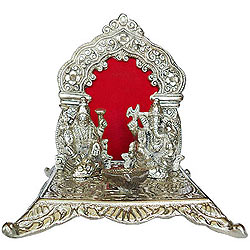 Wonderful Silver Plated Laxmi Ganesh in Mandap and Diya
