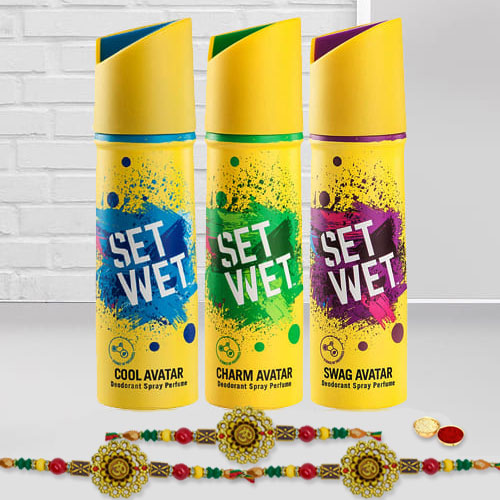 Gorgeous Set of 3 Rakhi with Set Wet Deodorant Trio Pack