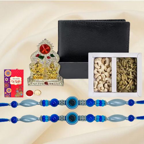 Classy Evils Eye Rakhi Pair with Leather Wallet Mandap n Dry Fruits