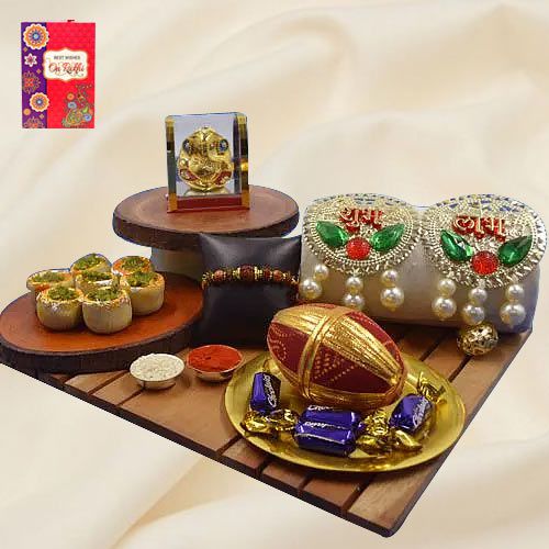 Dazzling Rudraksha Rakhi with Puja Items Haldiram Sweets N Chocolates