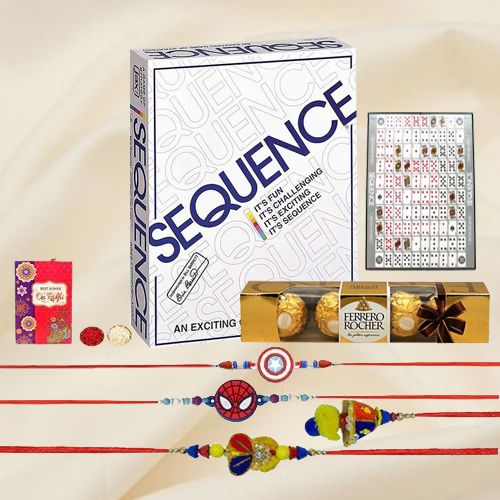 Sequence Board Game with Ferrero Rocher n Family Rakhi Set