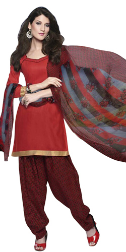 Extravagant Cotton Printed Patiala Suit Coloured in Red and Maroon