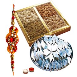 Wonderful Gift Pack of Haldiram Kaju Katli and Dry Fruits with free Rakhi Roli Tilak and Chawal for Rakhi Celebration