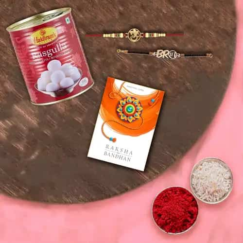 Tempting Haldiram Rosogollas with 2 Rakhis and Roli Tilak Chawal