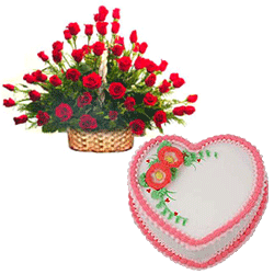 Stunning Roses Basket Arrangement and  Love Cake